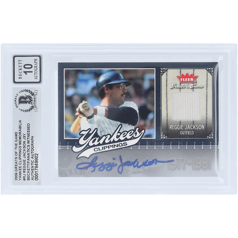 Reggie Jackson New York Yankees Autographié 2006 Fleer Greats of the Game Yankee Clippings Souvenirs Jersey Relic #NYY-RJ Beckett Fanatics Witnessed Authenticated 10 Card