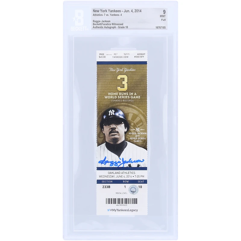 Billet authentifié Beckett/Fanatics autographié par Reggie Jackson des Yankees de New York le 9/10