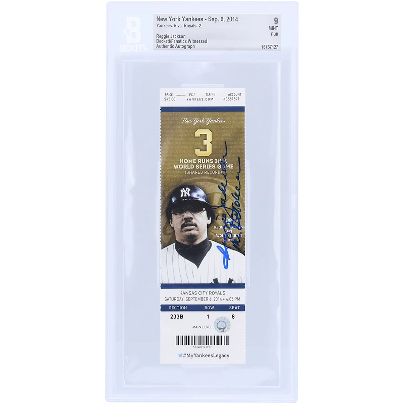 Reggie Jackson New York Yankees Autographed Beckett/Fanatics Witnessed Authenticated 9 Ticket with "Mr. October" Inscription