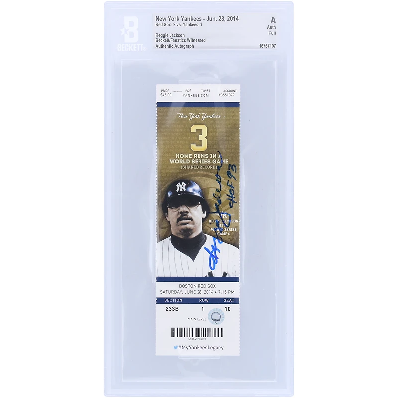 Billet authentifié signé par Reggie Jackson des Yankees de New York avec l'inscription « HOF 93 » et signé Beckett/Fanatics