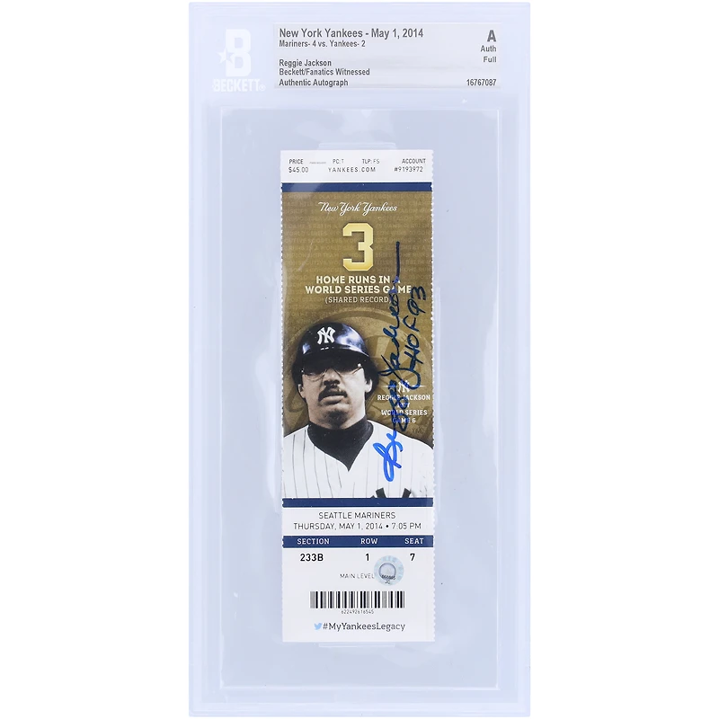 Billet authentifié signé par Reggie Jackson des Yankees de New York avec l'inscription « HOF 93 » et signé Beckett/Fanatics