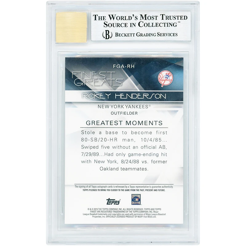 Rickey Henderson New York Yankees Autographed 2015 Topps Finest Gold Refractor Finest Greats #FGA-RH #33/50 BGS Authenticated 9/10 Card - 9.5,9,8.5,9 Subgrades