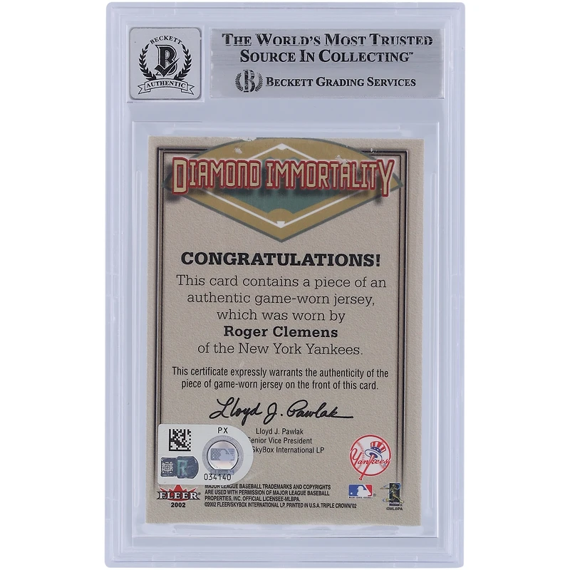 Roger Clemens New York Yankees Autographed 2002 Fleer Triple Crown Diamond Immortality Grey Jersey Relic #RC Beckett Fanatics Witnessed Authenticated 10 Card