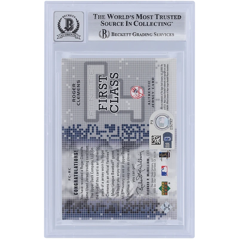 Roger Clemens New York Yankees autographié 2003 Upper Deck Finite First Class Game Jersey Relic #FC-RC Beckett Fanatics Witnessed Authenticated 10 Card