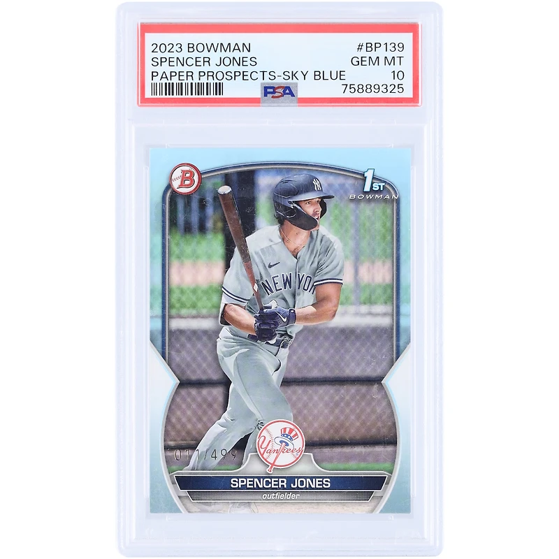 Carte de Spencer Jones, Yankees de New York, 2023, Bowman 1ère édition, bleu ciel, n° BP-139, n° 11, authentifiée par PSA.