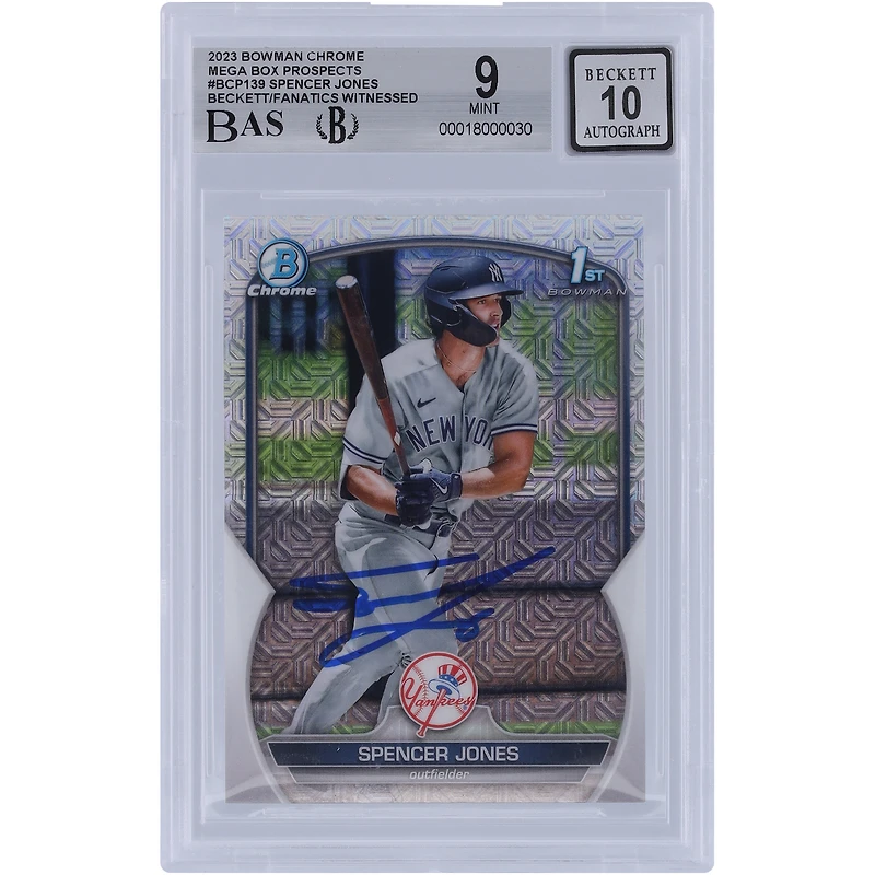 Spencer Jones New York Yankees Autographié 2023 Bowman Chrome Prospects Mega Box #BCP-139 Beckett Fanatics Witnessed Authenticated 9/10 Card