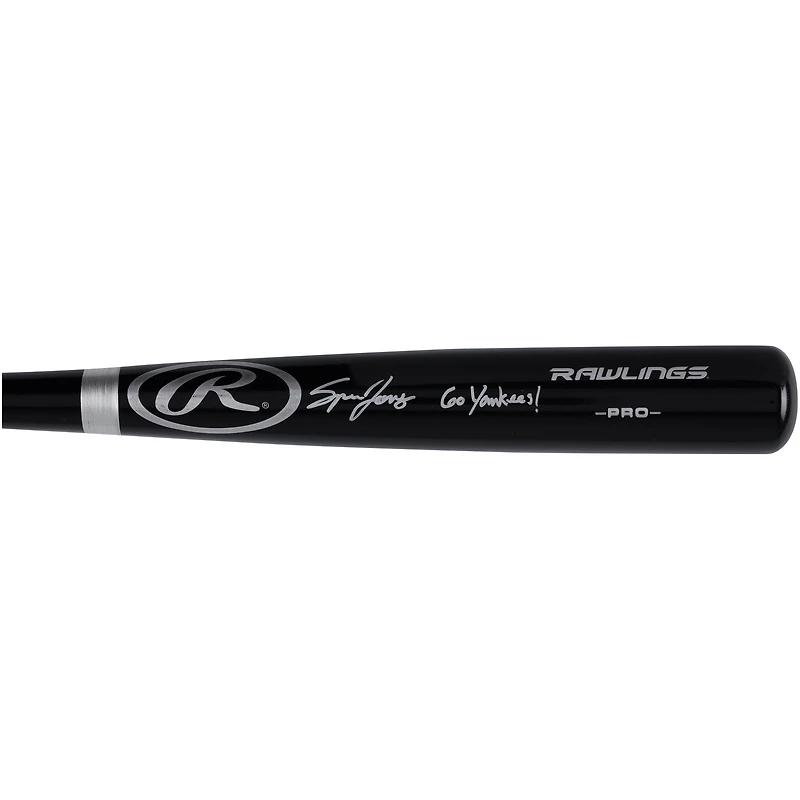 Bâton de baseball noir Pro Rawlings autographié par Spencer Jones des Yankees de New York avec l'inscription « Go Yankees ! »