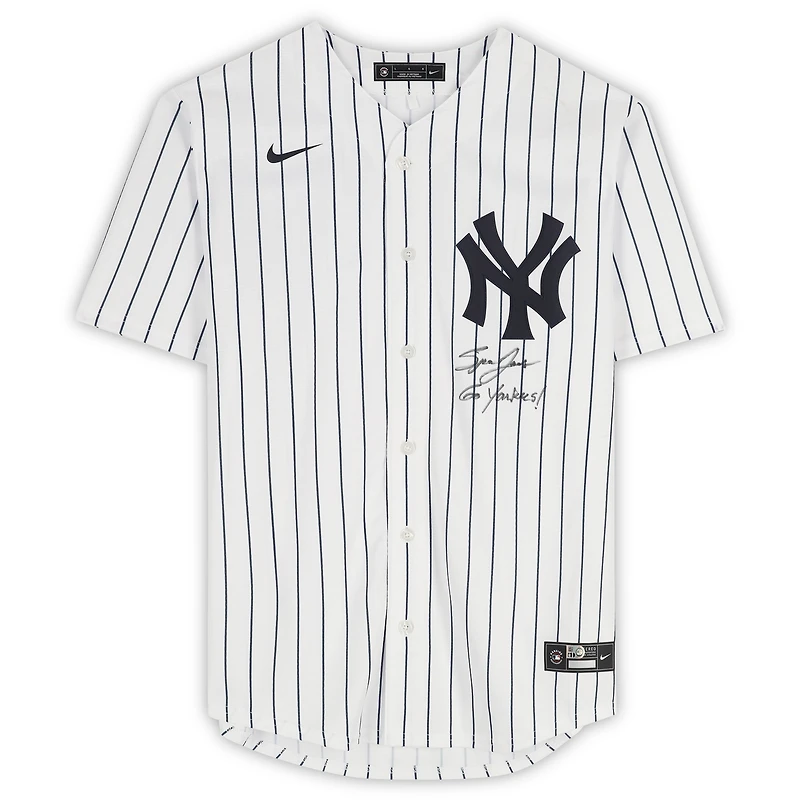Maillot réplique Nike autographié par Spencer Jones des Yankees de New York, avec l'inscription « Allez les Yankees ! » - Signature sur le devant