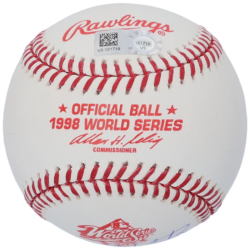 Baseball dédicacé par Tino Martinez des Yankees de New York avec le logo de la Série mondiale de 1998 et l'inscription « 98 WS Champs »