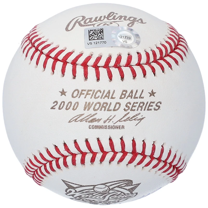 Baseball dédicacé par Tino Martinez des Yankees de New York avec le logo de la Série mondiale 2000 et l'inscription « 00 WS Champs »