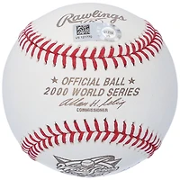 Baseball dédicacé par Tino Martinez des Yankees de New York avec le logo de la Série mondiale 2000 et l'inscription « 00 WS Champs »