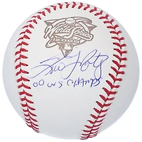 Baseball dédicacé par Tino Martinez des Yankees de New York avec le logo de la Série mondiale 2000 et l'inscription « 00 WS Champs »