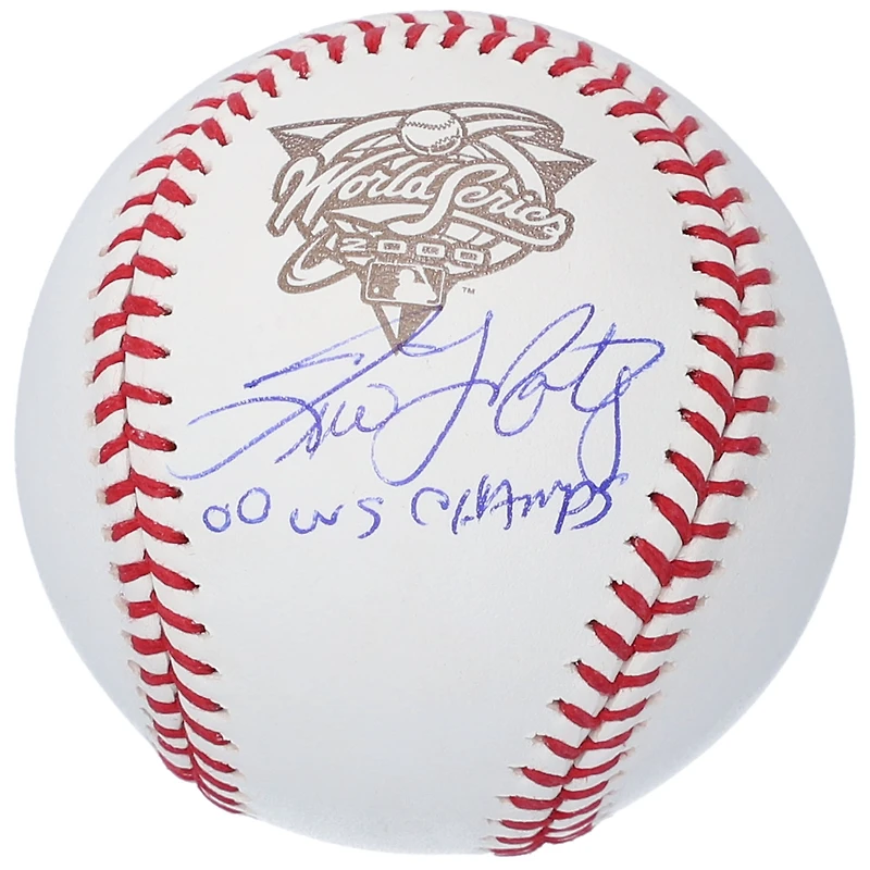 Baseball dédicacé par Tino Martinez des Yankees de New York avec le logo de la Série mondiale 2000 et l'inscription « 00 WS Champs »