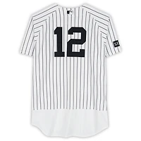 Maillot Nike blanc à fines rayures n° 12 porté par Trent Grisham des Yankees de New York contre les Rangers du Texas le 7 mai 2026