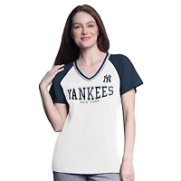 T-shirt à col en V raglan G-III 4Her by Carl Banks pour femme, blanc/bleu marine, motif New York Yankees Ball Park