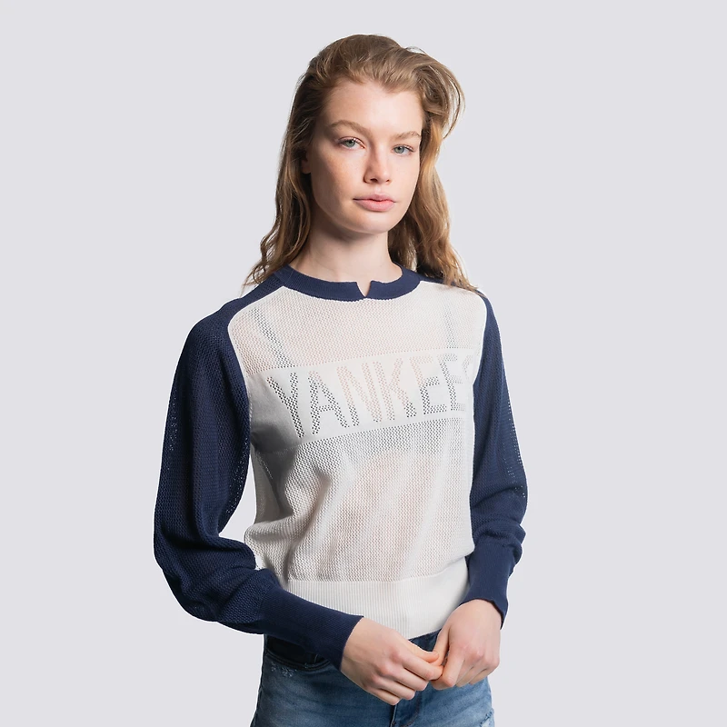Women's Lusso  Navy New York Yankees Seraphina Mesh Notch Neck Sweater