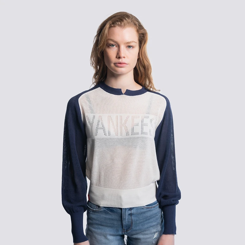 Women's Lusso Navy New York Yankees Seraphina Mesh Notch Neck Sweater