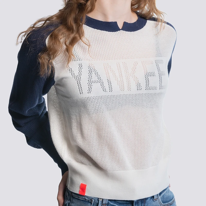 Women's Lusso Navy New York Yankees Seraphina Mesh Notch Neck Sweater