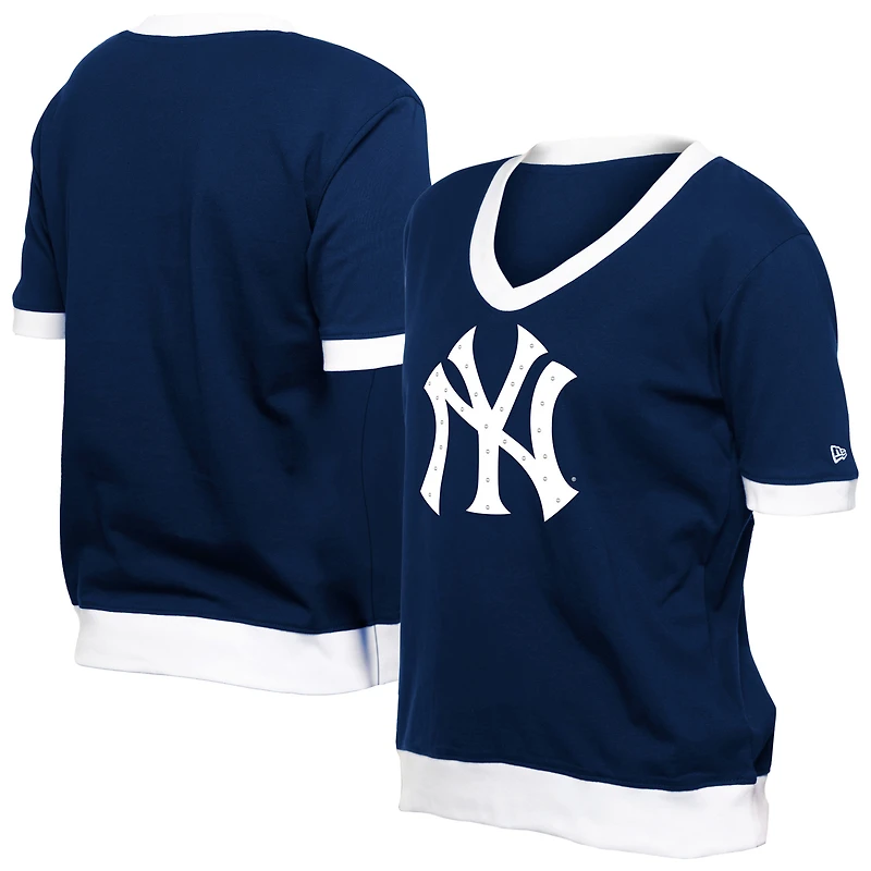 T-shirt à col en V strass bleu marine New Era pour femme avec logo Game Day des Yankees de York