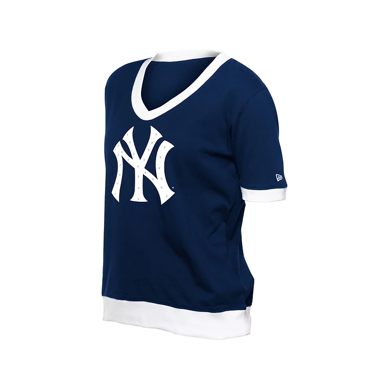 T-shirt à col en V strass bleu marine New Era pour femme avec logo Game Day des Yankees de York