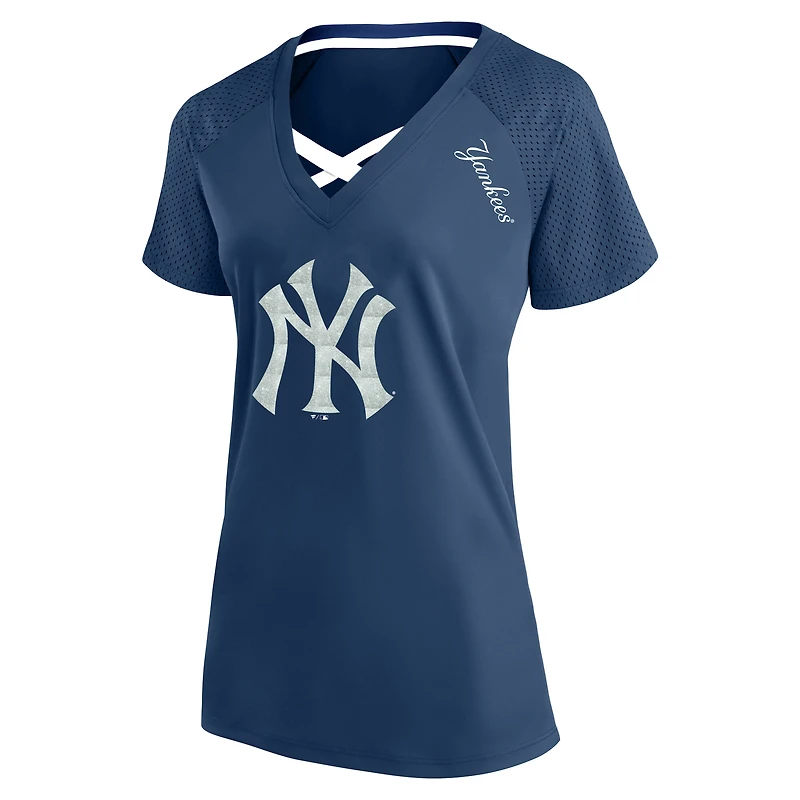 Women's Profile Navy New York Yankees Plus Glitter Raglan V-Neck T-Shirt