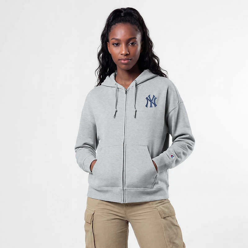 Women's Champion Heather Gray New York Yankees Powerblend Fleece Full-Zip Hoodie