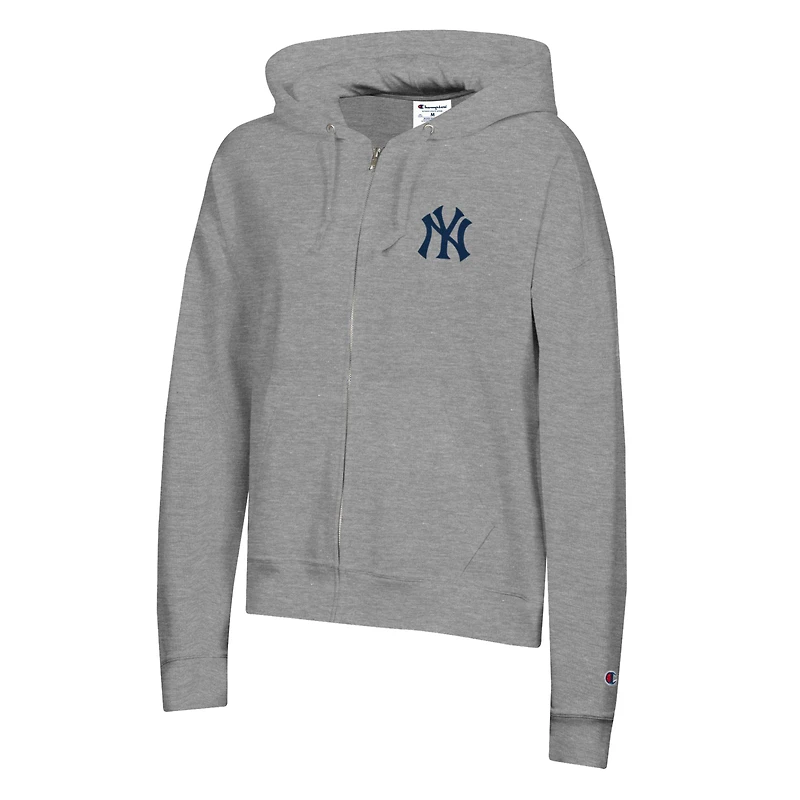 Women's Champion Heather Gray New York Yankees Powerblend Fleece Full-Zip Hoodie