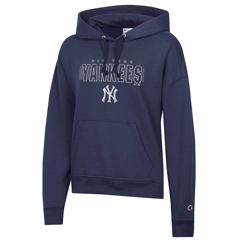Sweat à capuche Champion bleu marine pour femme, New York Yankees, effet vieilli, en mélange de fibres synthétiques.