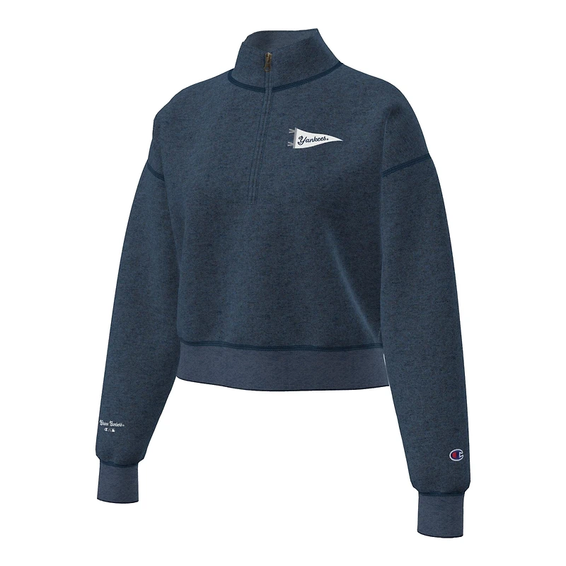 Pull court à col zippé Champion pour femme, bleu marine, New York Yankees Triumph, en polaire tri-blend.