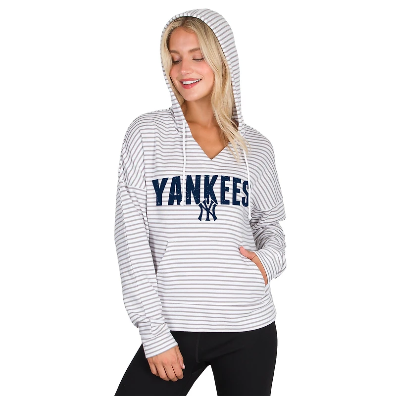 Sweat à capuche rayé col en V Liftoff des Yankees de New York pour femme Concepts Sport blanc/gris
