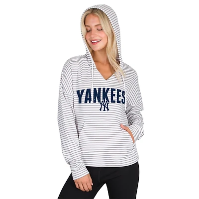 Women's Concepts Sport White/Gray New York Yankees Liftoff Striped V-Neck Hoodie