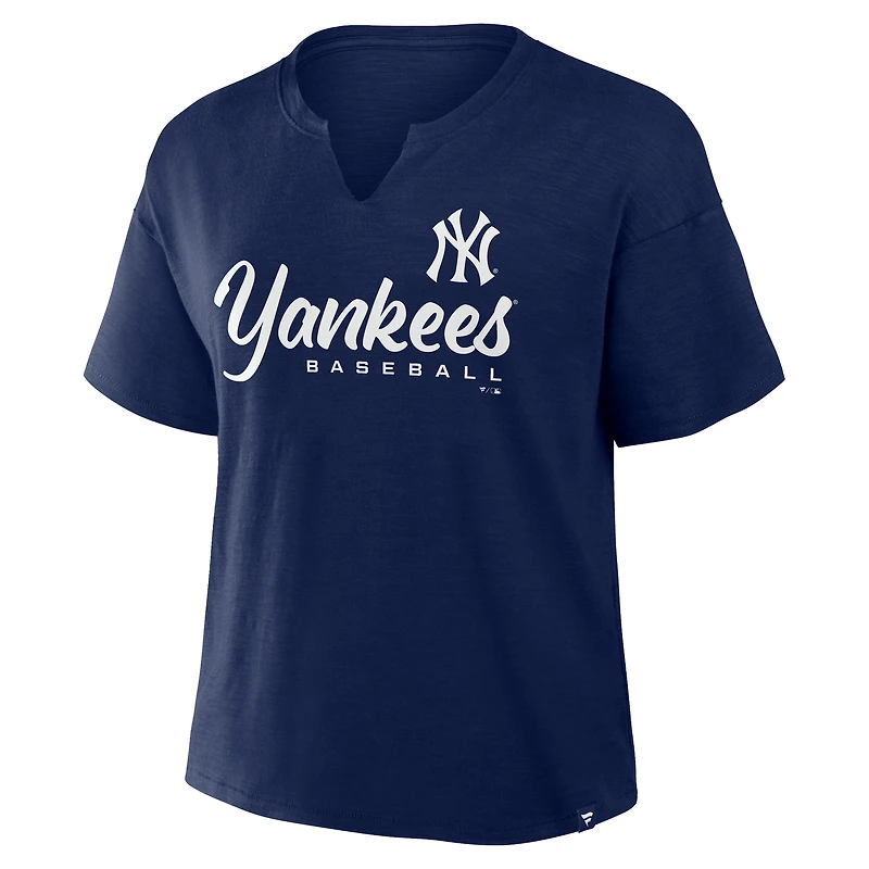 T-shirt boxy bleu marine Fanatics pour femme, fan des Yankees de New York, favori fans du stade