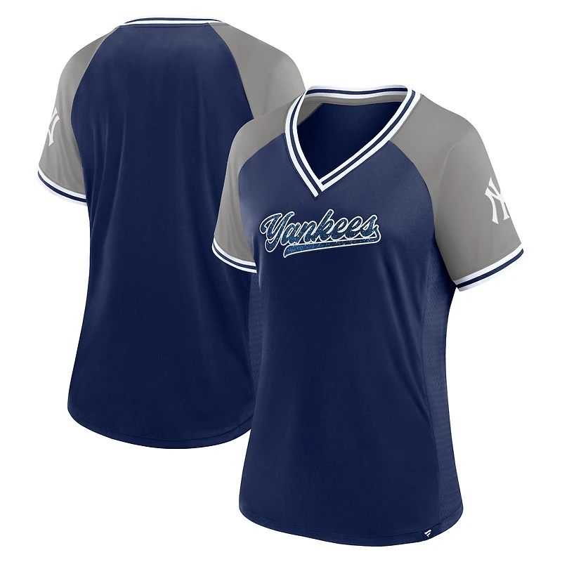 T-shirt à col en V Fanatics Navy New York Yankees Glitz & Glam League Diva Raglan pour femmes