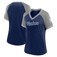 T-shirt à col en V Fanatics Navy New York Yankees Glitz & Glam League Diva Raglan pour femmes