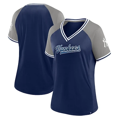 T-shirt à col en V Fanatics Navy New York Yankees Glitz & Glam League Diva Raglan pour femmes