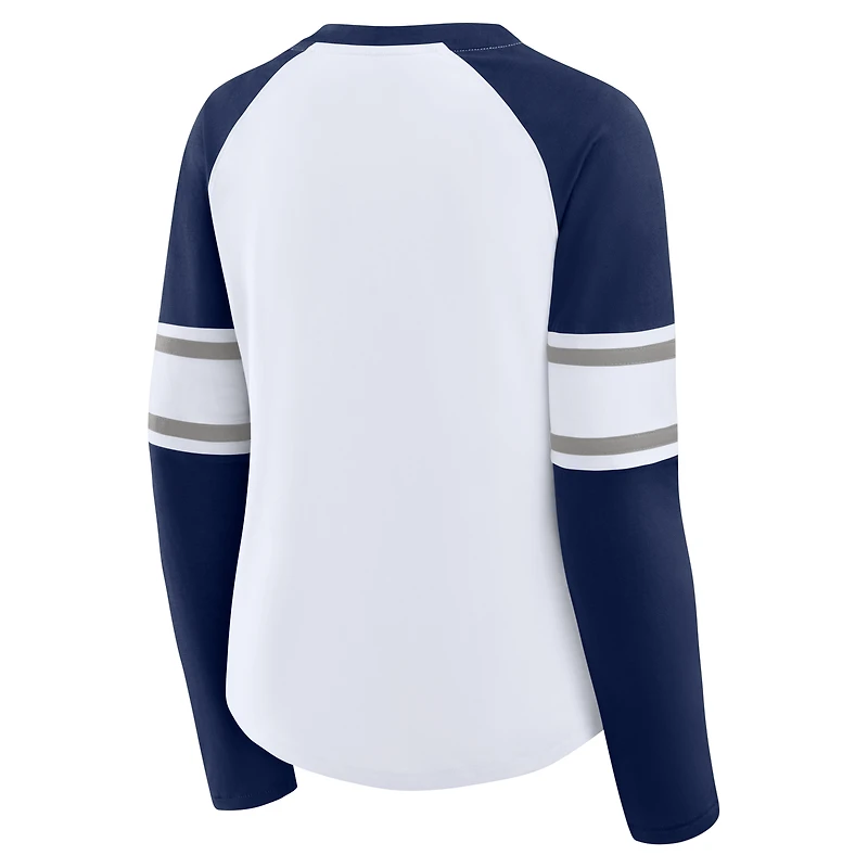 T-shirt à manches longues et col en V lacets raglan des Yankees de New York pour femme, blanc/bleu marine