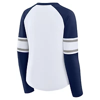 T-shirt à manches longues et col en V lacets raglan des Yankees de New York pour femme, blanc/bleu marine