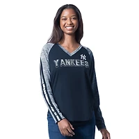 T-shirt à manches longues et col en V G-III 4Her by Carl Banks pour femme, bleu marine, motif Top Dog des Yankees de New York