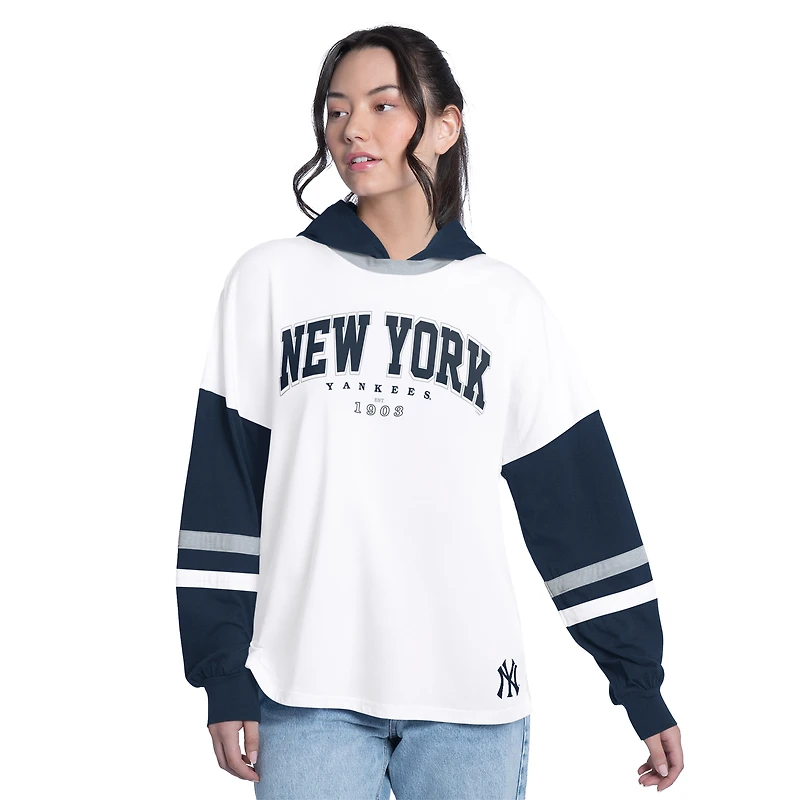 Women's G-III 4Her by Carl Banks White/Navy New York Yankees Key Player Oversized Hooded Long Sleeve T-Shirt