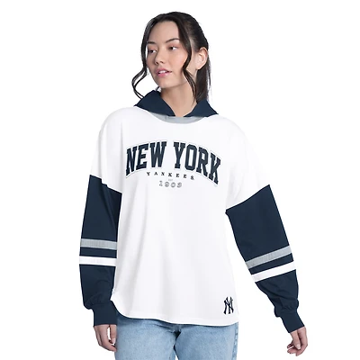 Women's G-III 4Her by Carl Banks  White/Navy New York Yankees Key Player Oversized Hooded Long Sleeve T-Shirt