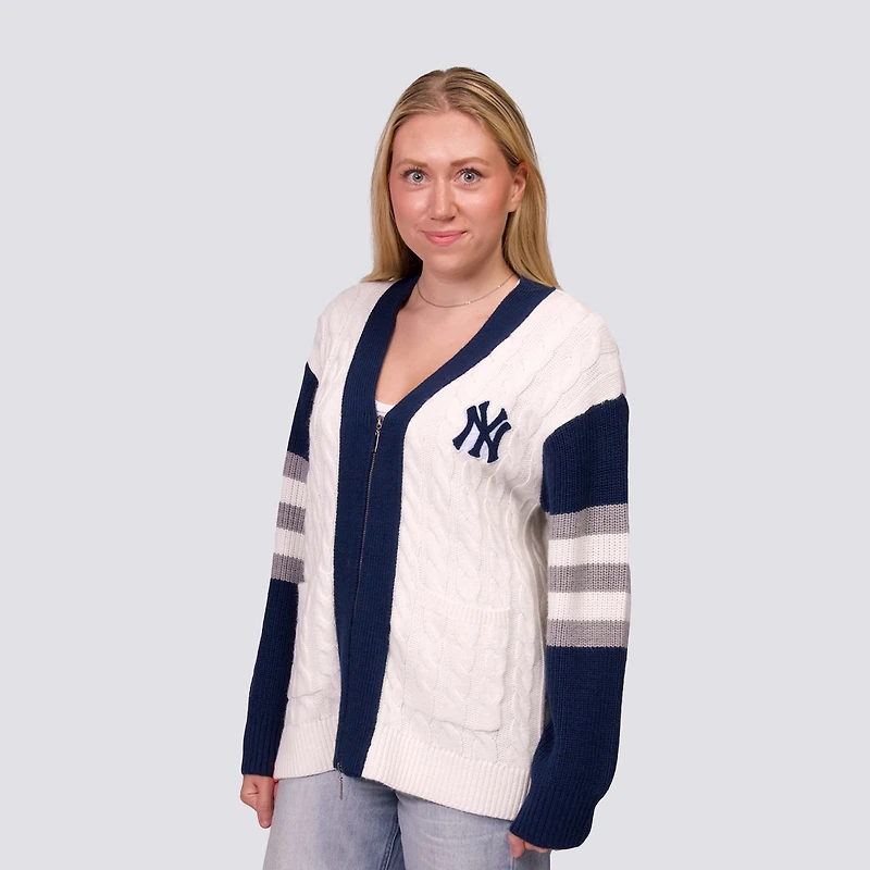 Pull en tricot à col V et fermeture éclair intégrale Shyla pour femme, bleu marine/blanc, des Yankees de New York