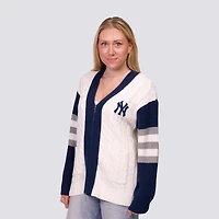 Pull en tricot à col V et fermeture éclair intégrale Shyla pour femme, bleu marine/blanc, des Yankees de New York