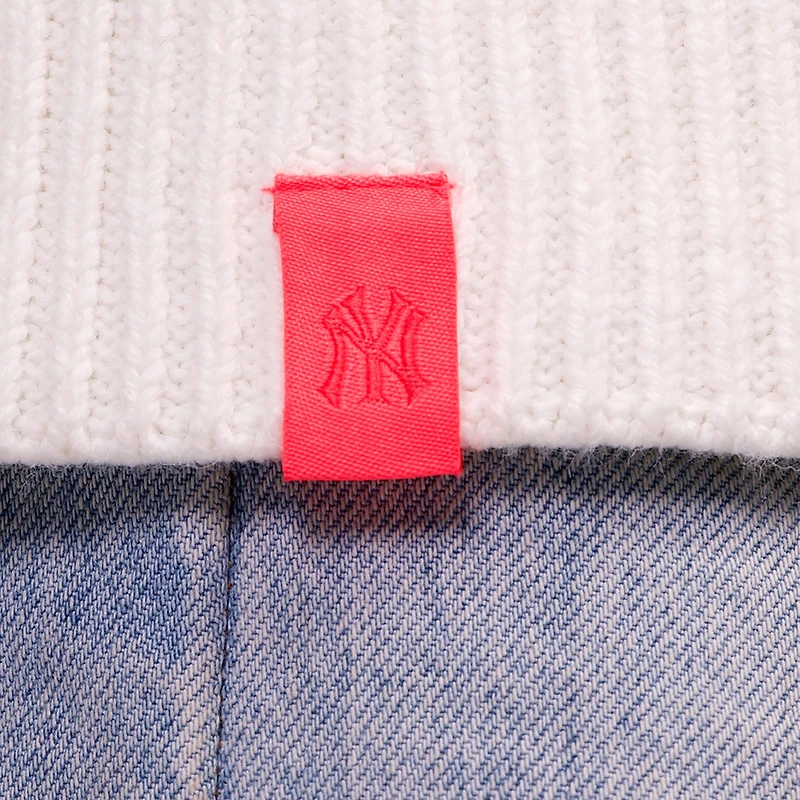 Pull en tricot à col V et fermeture éclair intégrale Shyla pour femme, bleu marine/blanc, des Yankees de New York