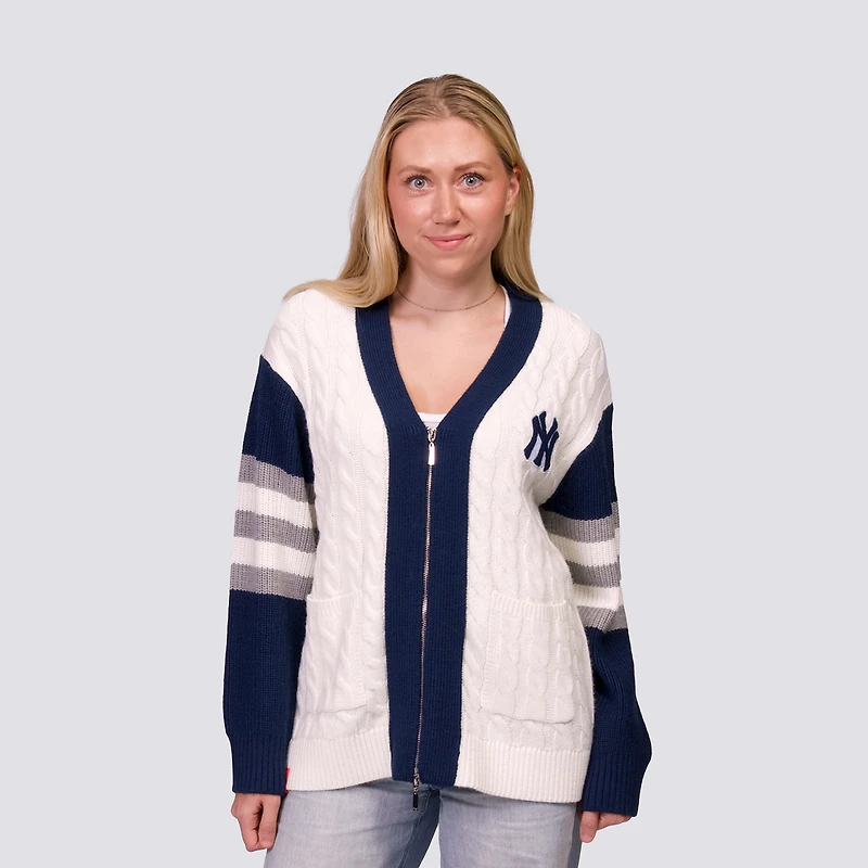 Pull en tricot à col V et fermeture éclair intégrale Shyla pour femme, bleu marine/blanc, des Yankees de New York