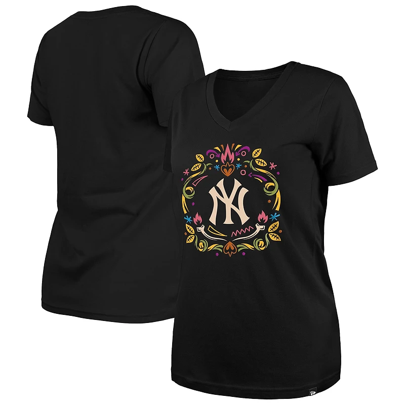 Women's New Era Black York Yankees Día de los Muertos V-Neck T-Shirt