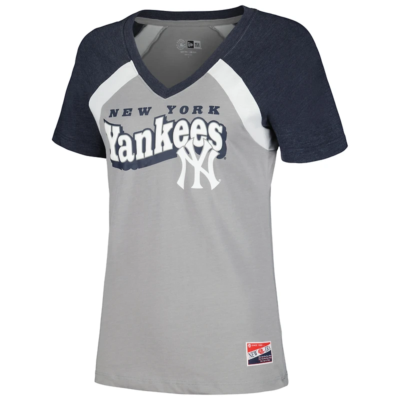 T-shirt gris chiné à col en V New Era York Yankees pour femme