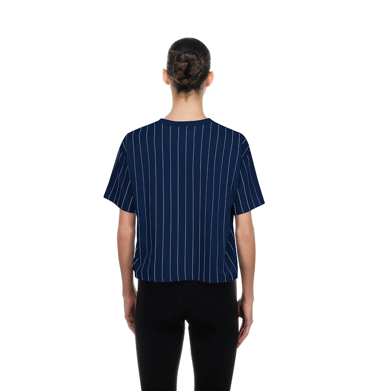 T-shirt New Era bleu marine à rayures fines rétro pour femme, style York Yankees.