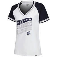 T-shirt blanc à col en V New Era York Yankees pour femme jersey double reliure raglan