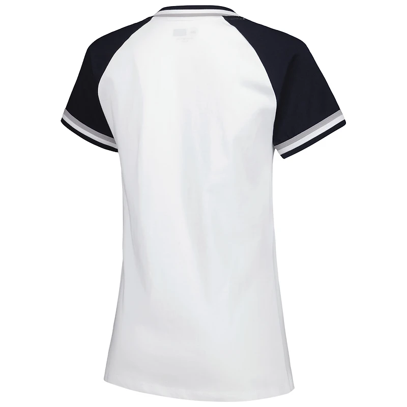 T-shirt blanc à col en V New Era York Yankees pour femme jersey double reliure raglan