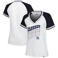 T-shirt blanc à col en V New Era York Yankees pour femme jersey double reliure raglan